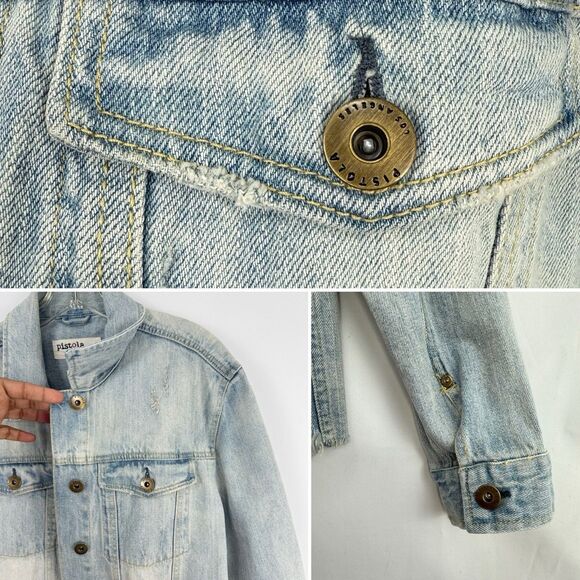 Pistola Cropped Denim Long Sleeve Jacket Raw Hem Size Medium Blue - Picture 10 of 16